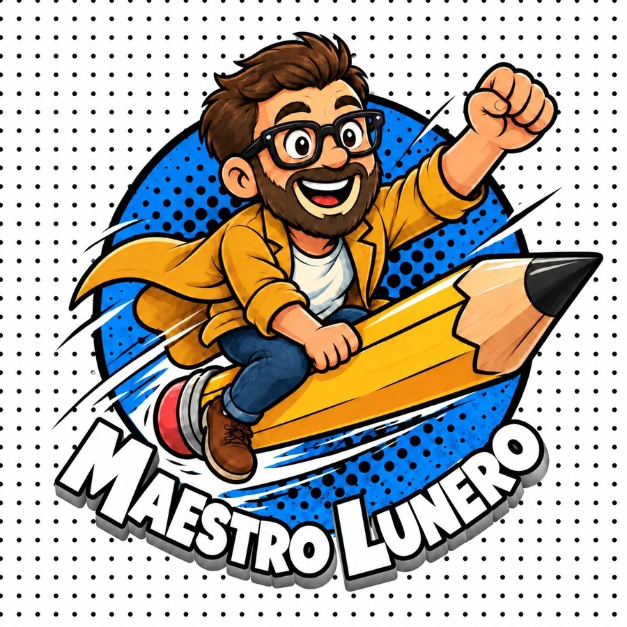 Logo de Maestro lunero: un maestro con gafas y barba, con chaqueta amarilla, volando sobre un lápiz gigante